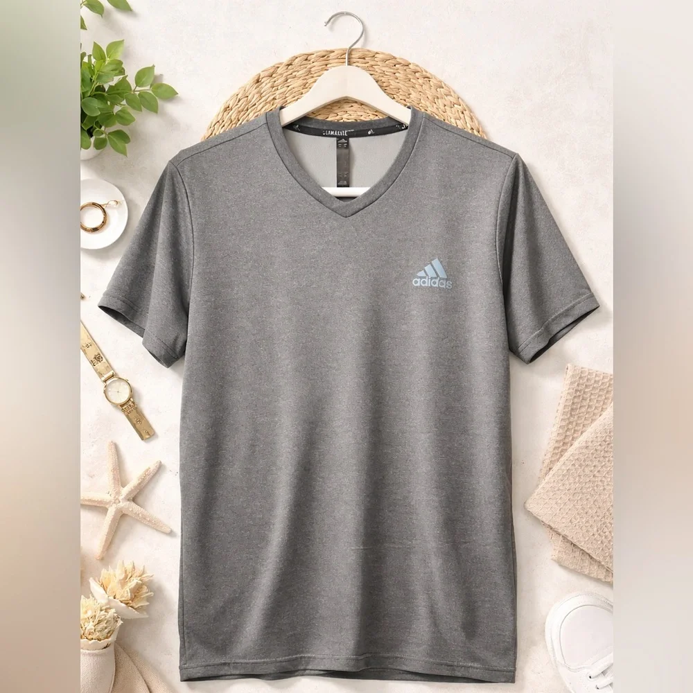 Adidas Climalite Gray V-Neck Performance T-Shirt Men's Large Athletic Tee